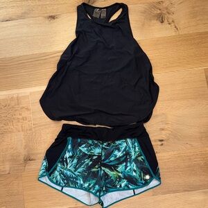 Calia Black Racerback Tank + Athleta Teal Palm-Print Running Shorts M